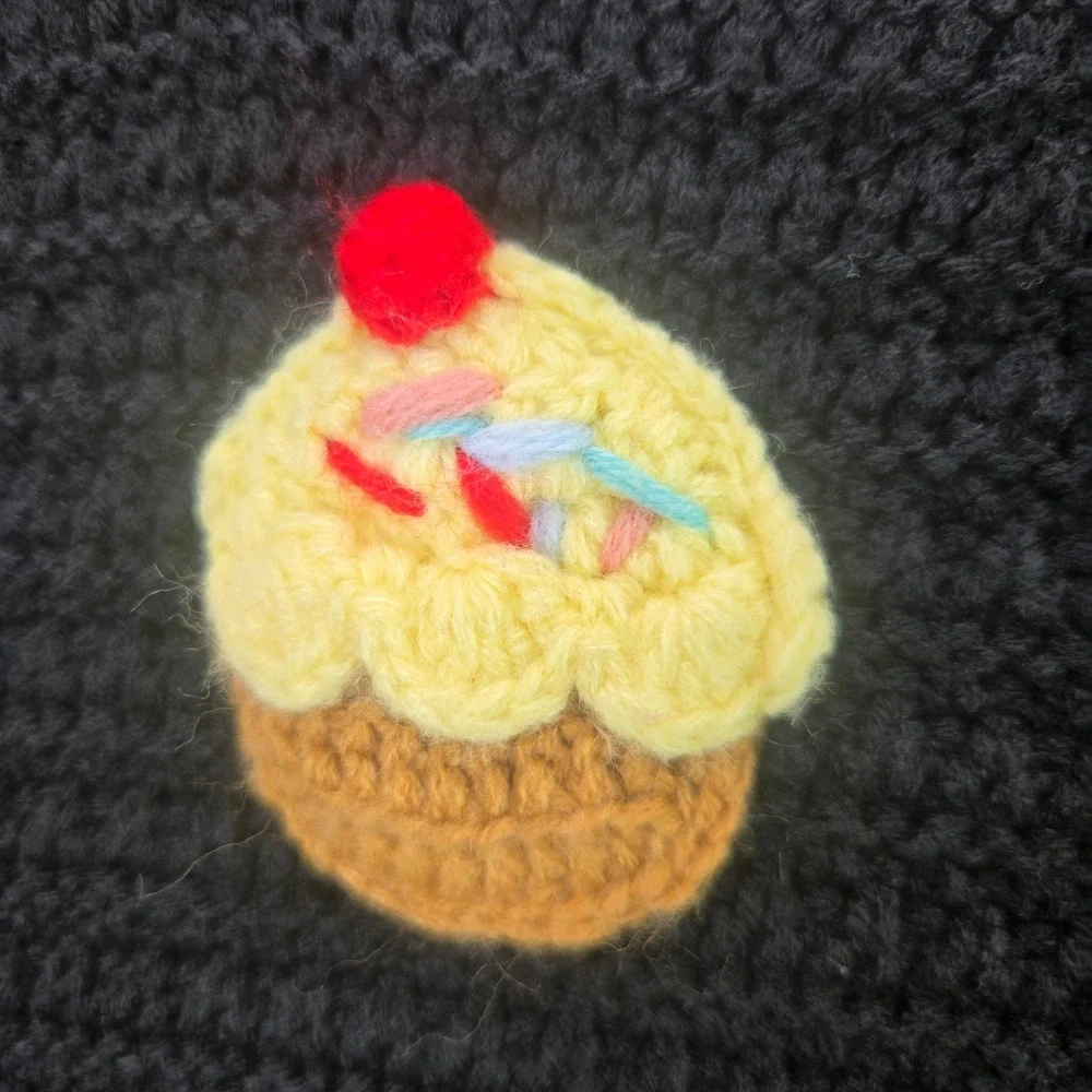 Zara Sweater Crochet Knit Cupcake Applique S Black Cropped Long Sleeve Novelty